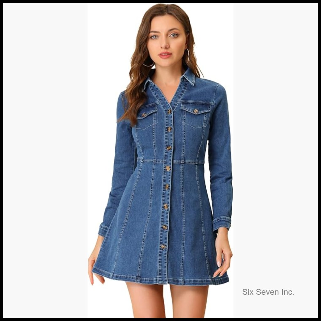Denim Dress Button Down Collar V Neck Long Sleeve A-Line Cotton Blend